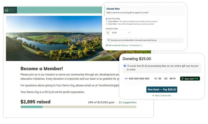 MonkeyPod fundraising page showing a membership campaign with donation form, goal progress bar, and cover fee option