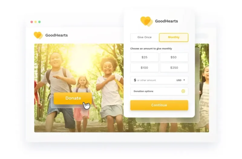 Funraise donation page for GoodHearts with monthly giving options and a Donate button overlay