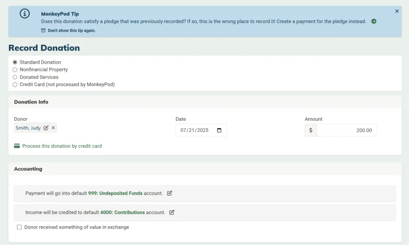 A screenshot of the record a donation screen in MonkeyPod, showing how income can easily be categorized as contributed or earned.