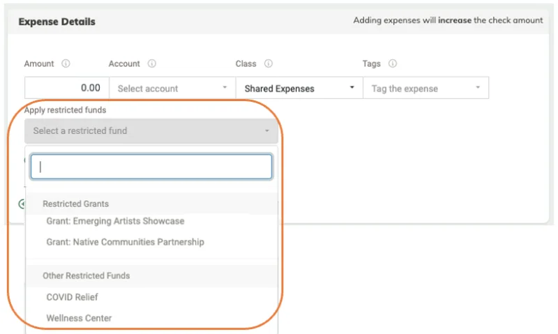 MonkeyPod screenshot showing how to apply restricted funds to an expense