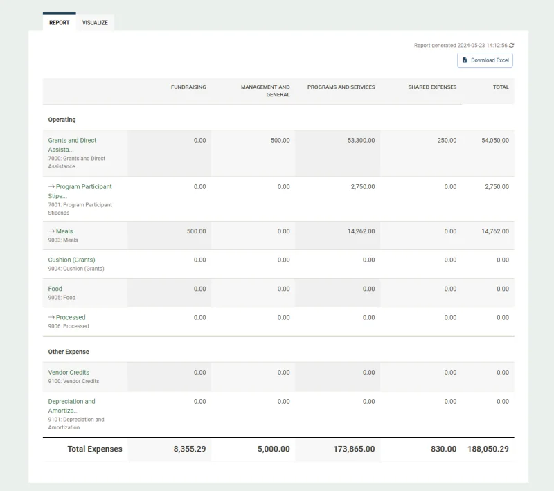 MonkeyPod Statement of Functional Expenses report table with columns for Fundraising, Management and General, Programs and Services, and Total