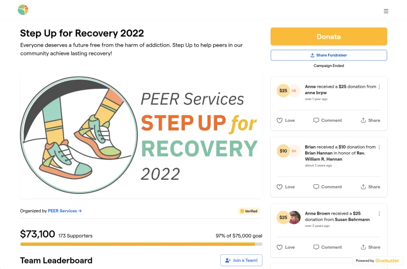 Givebutter peer-to-peer fundraising campaign page showing a $73,100 goal with team leaderboard and donor activity feed