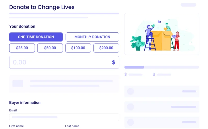 Zeffy donation form with one-time and monthly giving options, preset amounts, and buyer information fields