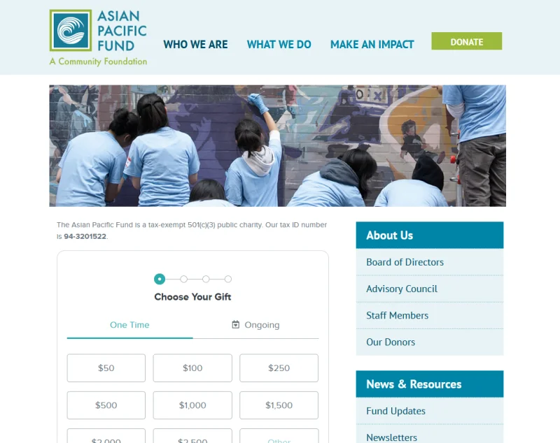 Bloomerang donation page for Asian Pacific Fund showing one-time and ongoing gift options with preset dollar amounts