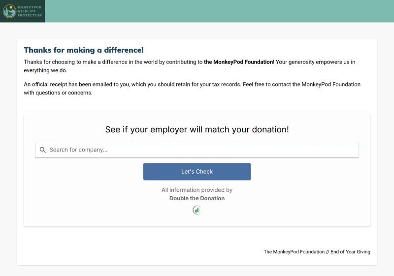 Donation confirmation page with a Double the Donation employer match search widget prompting donors to check if their company will match their gift