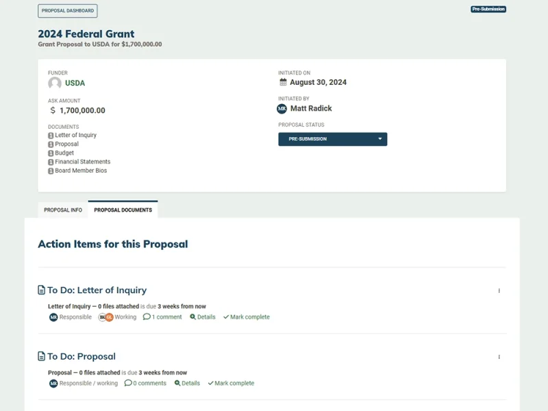 MonkeyPod grant proposal dashboard showing a $1.7M federal grant with documents and action items