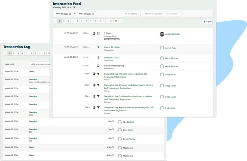 MonkeyPod Interaction Feed and Transaction Log showing donor activity, donations, and automated pipeline steps