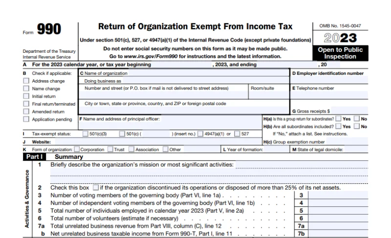 IRS Form 990, Return of Organization Exempt From Income Tax, the annual tax filing required of nonprofits