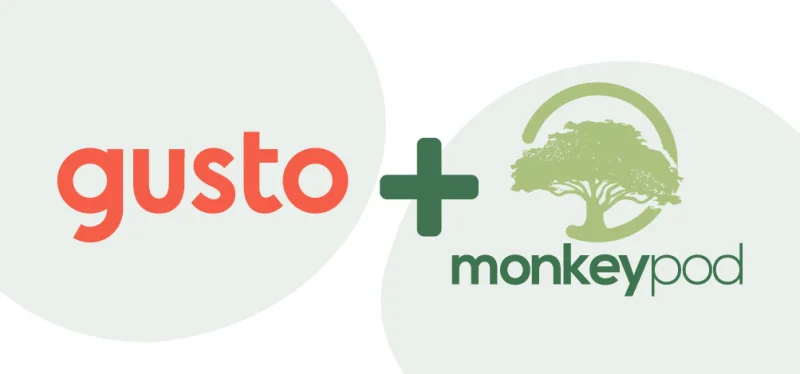 Gusto + MonkeyPod logos side by side, representing the payroll integration between the two platforms