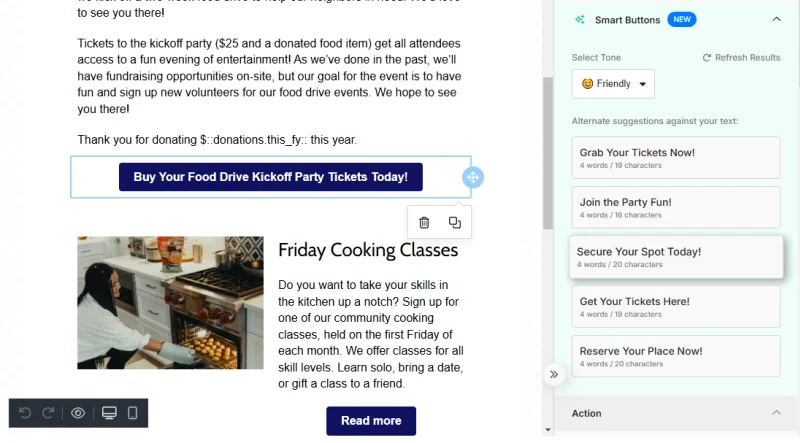 MonkeyPod email editor showing a campaign with an AI-generated CTA button and the Smart Buttons panel open on the right for customizing tone
