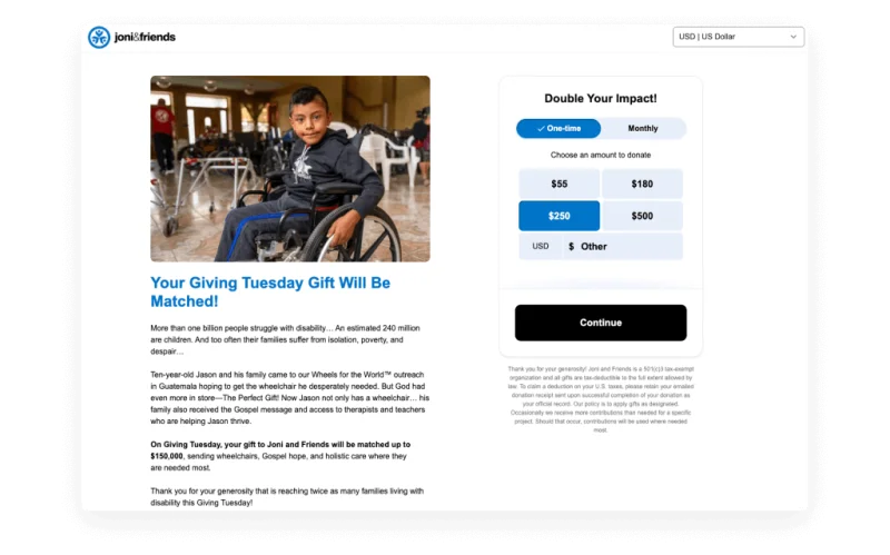 GoFundMe Pro (Classy) campaign page for Joni and Friends Giving Tuesday with matching gift offer and recurring donation options