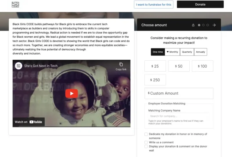 Donorbox donation page for Black Girls CODE with recurring gift prompt, preset amounts, and employer matching field