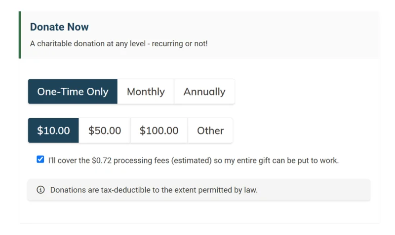 Refreshed MonkeyPod fundraising page showing one-time, monthly, and annual donation frequency tabs with preset gift amounts