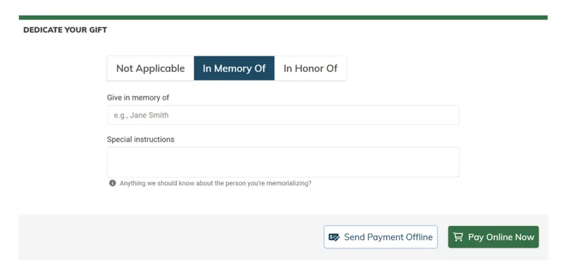 Gift dedication section on a fundraising page with tabs for Not Applicable, In Memory Of, and In Honor Of