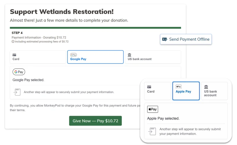 Payment method selection on a MonkeyPod fundraising page showing Card, Google Pay, and US bank account options, with an Apple Pay overlay