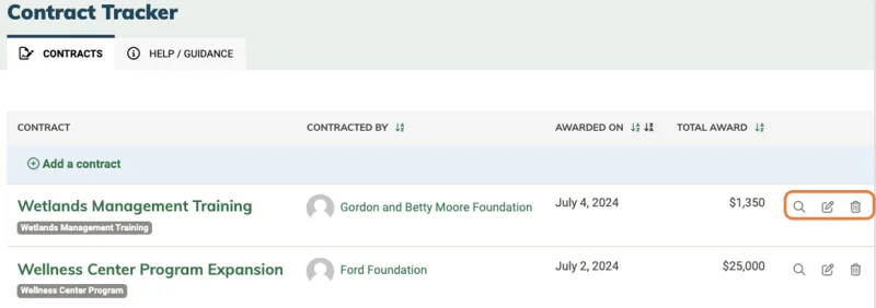 Contract Tracker dashboard listing two contracts with funder name, award date, and total award amount columns