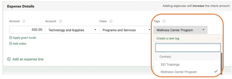 Expense Details form with a $450 expense being tagged to the Wellness Center Program contract via the Tags dropdown