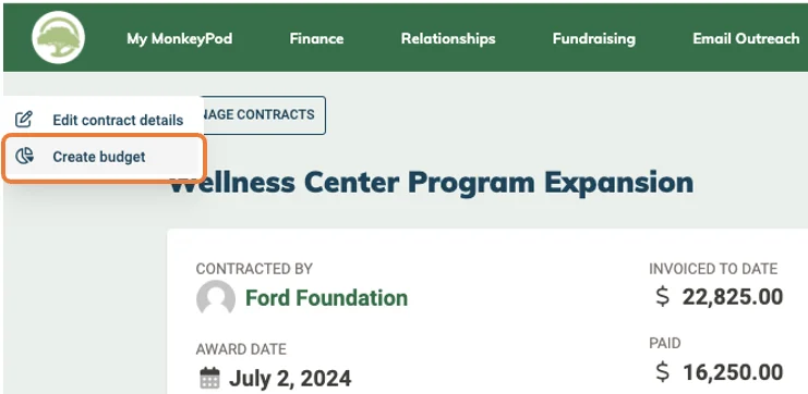 Contract detail page for Wellness Center Program Expansion with a "Create budget" option highlighted and invoiced and paid totals shown