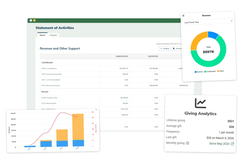 MonkeyPod donor record with linked accounting